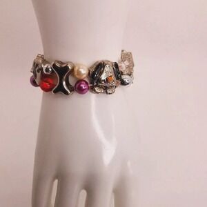 Dog Lover Charm Bracelet Stretch Beaded Silver Tone Puppy Bone House Heart